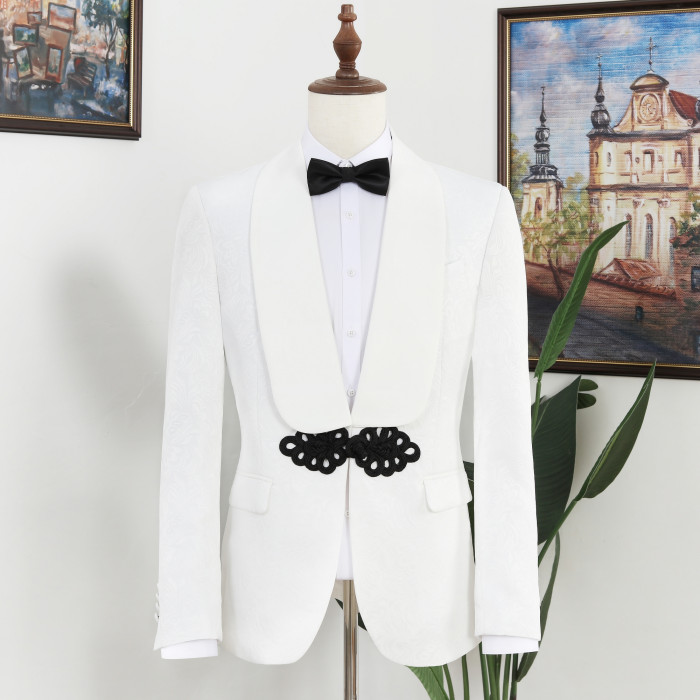 Vatasi Trendy White Jacquard Shawl Lapel Wedding Men Suits