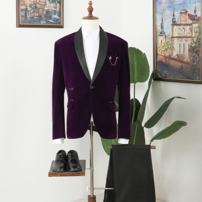 Vatasi Purple Velvet One Button Shawl Lapel Wedding Men Suits