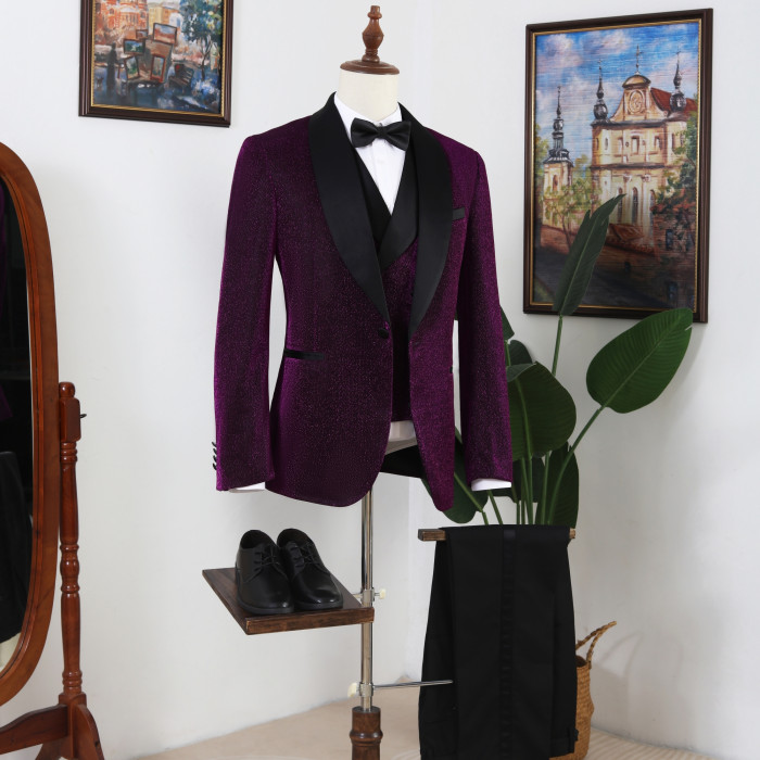 Vatasi Bling Purple Three Pieces Slim Fit Shawl Lapel Wedding Men Suits