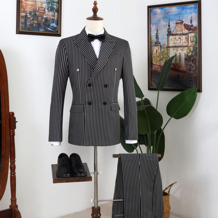 Vatasi Black Striped Double Breasted Fashion Men Suits