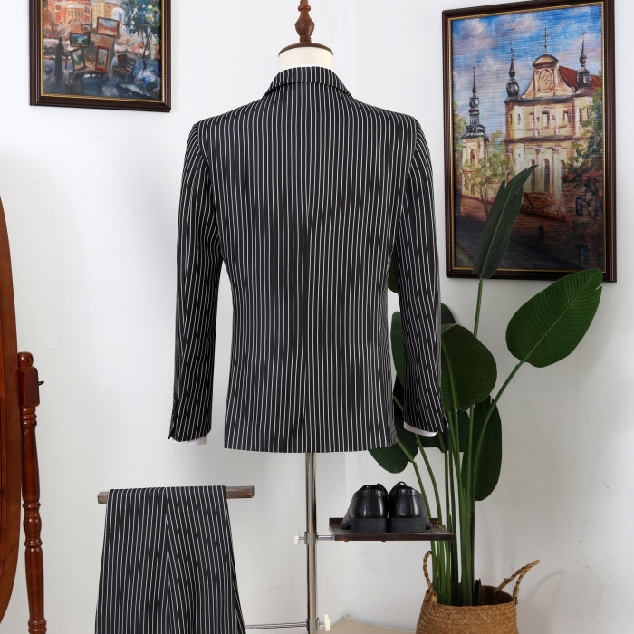 Vatasi Black Striped Double Breasted Fashion Men Suits