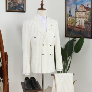 Vatasi Beige Striped Double Breasted Peaked Lapel Stylish Men Suits