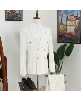 Vatasi Beige Striped Double Breasted Peaked Lapel Stylish Men Suits