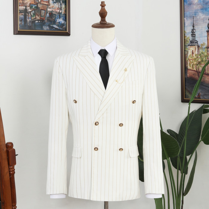 Vatasi Beige Striped Double Breasted Peaked Lapel Stylish Men Suits